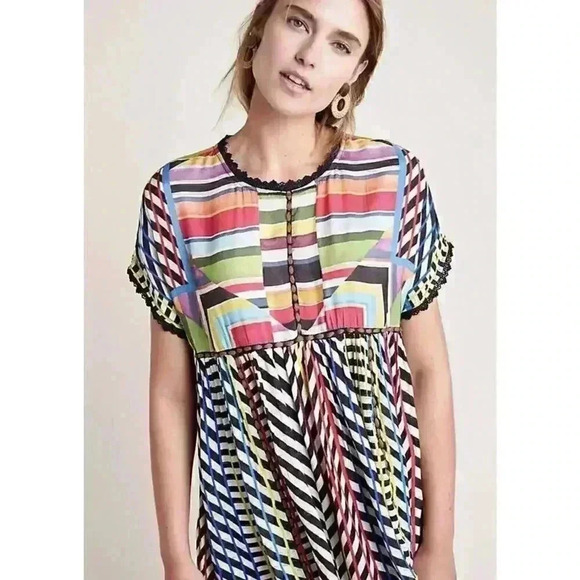 Anthropologie Short Sleeve Shirt Embroidered Flowy Tunic Top Colorful Boho Art - Picture 2 of 8